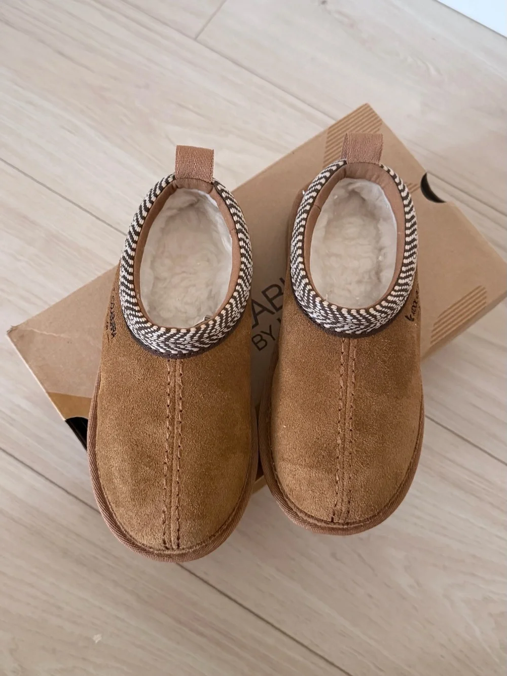 Koolaburra Kids Chestnut Brown Suede Slip-On Slippers with Braided Trim